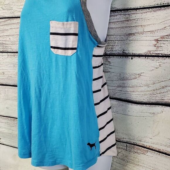 Victoria's Secret PINK Tank Top XS Blue Gray Stripe Pocket Racerback Cotton Blen - Picture 3 of 7